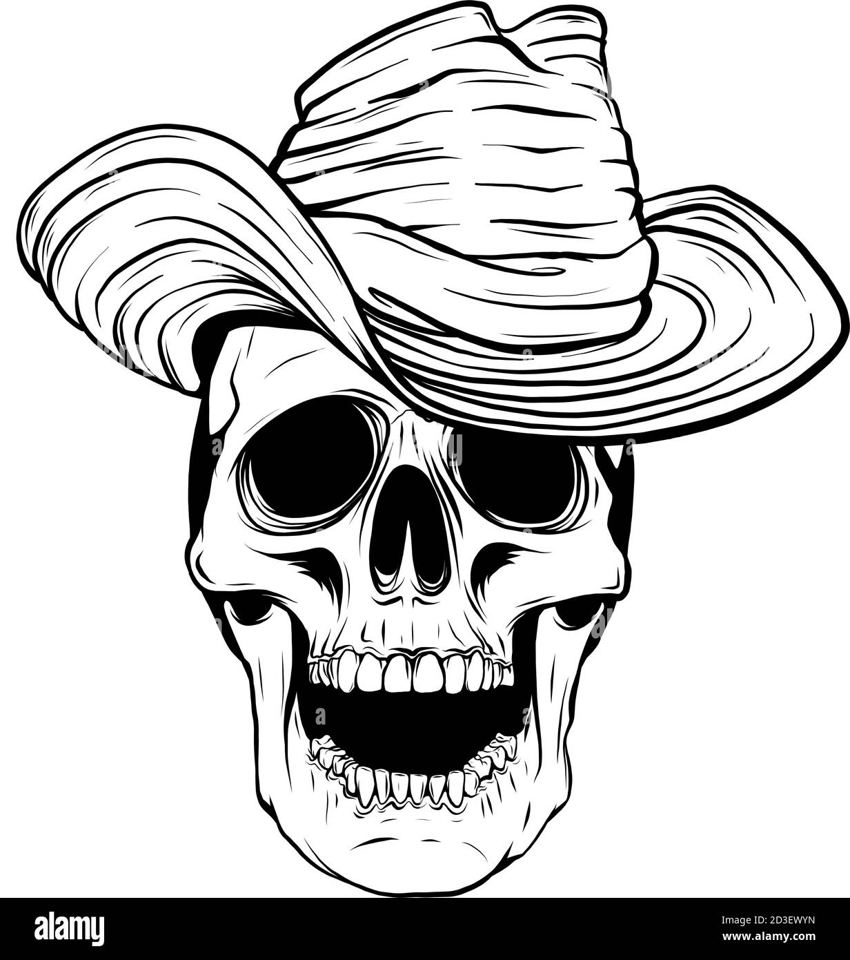 Personnage effrayant de crâne de cow-boy avec chapeau en feutre classique dans un dessin animé style Illustration de Vecteur