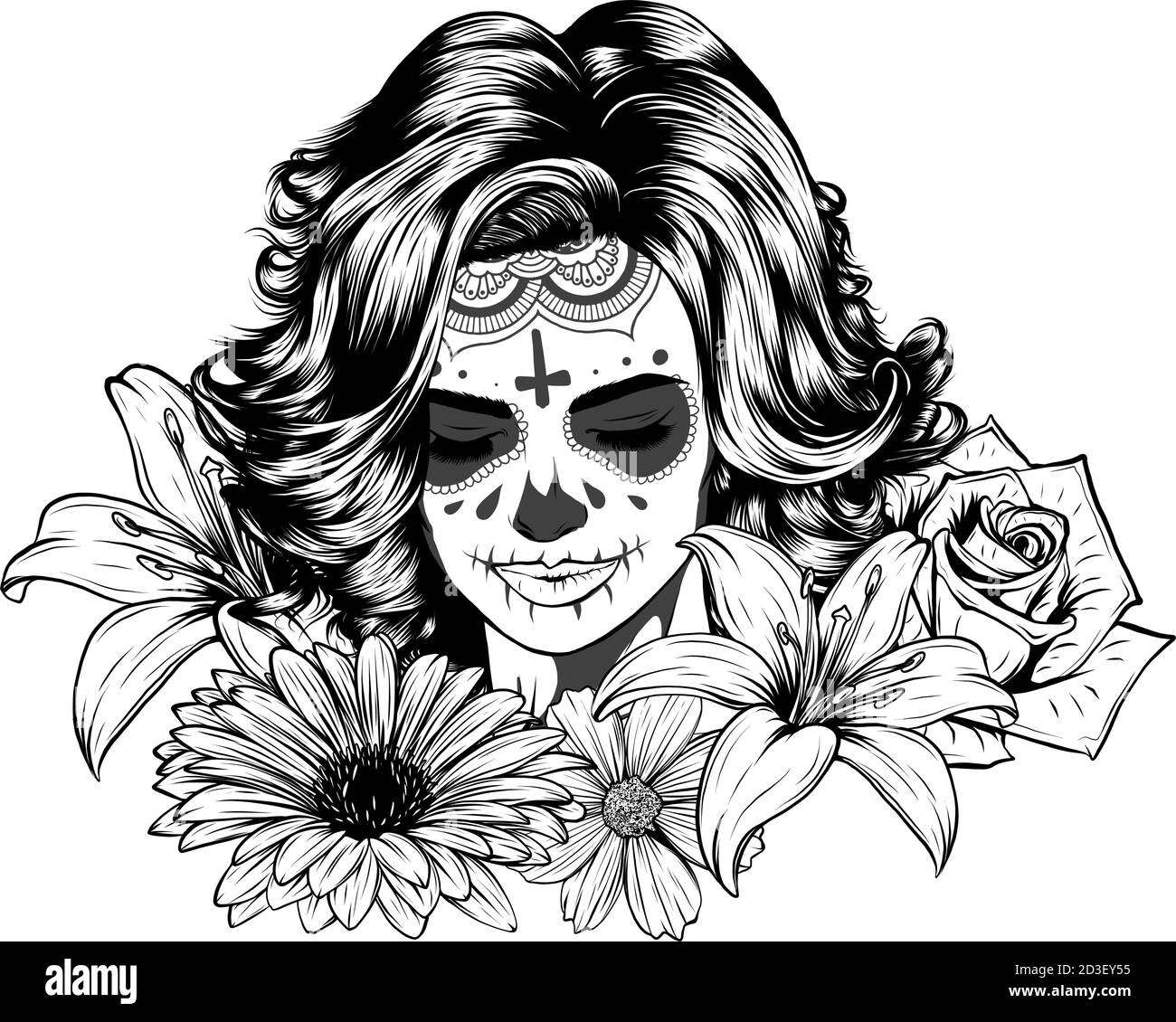 Crâne humain et couronne de fleurs. Los Muertos. Vector illustration. Illustration de Vecteur