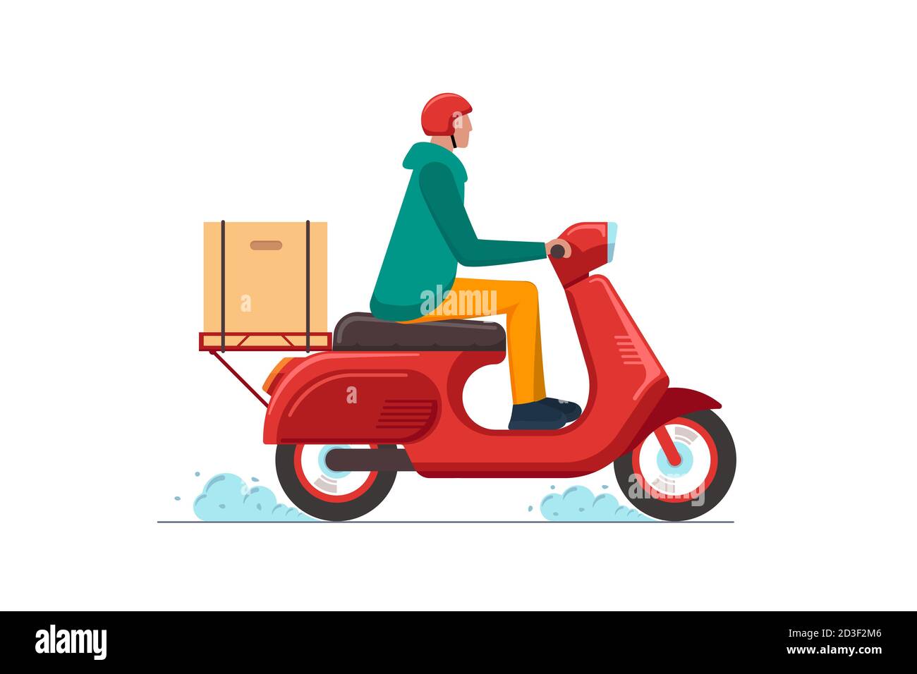 Service de livraison express sur le concept de scooter. Logistique rapide en ligne mâle sur vélo cyclomoteur avec des commandes boîte colis. Illustration plate isolée à vecteur de transport de marchandises ou d'aliments Illustration de Vecteur