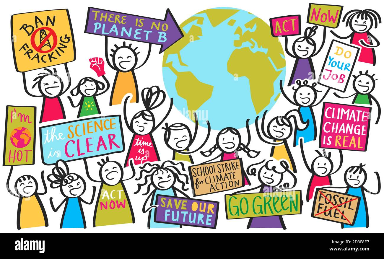 Caricatuez les activistes pour enfants avec des panneaux de protestation qui tiennent le monde entier Illustration de Vecteur