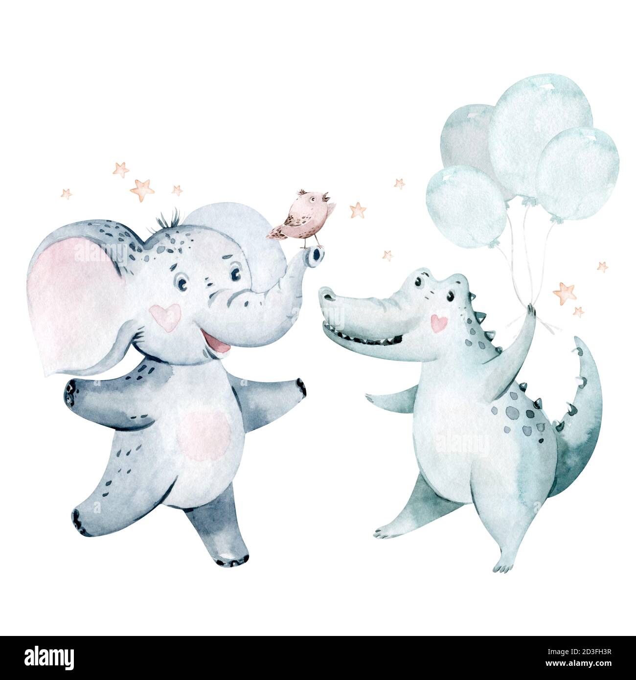 Éléphant d'aquarelle dessiné à la main et animaux de danse crocodile. Illustrations de boho, arbre de jungle, brésil art branché parfait pour la conception de tissu. Aloha Banque D'Images