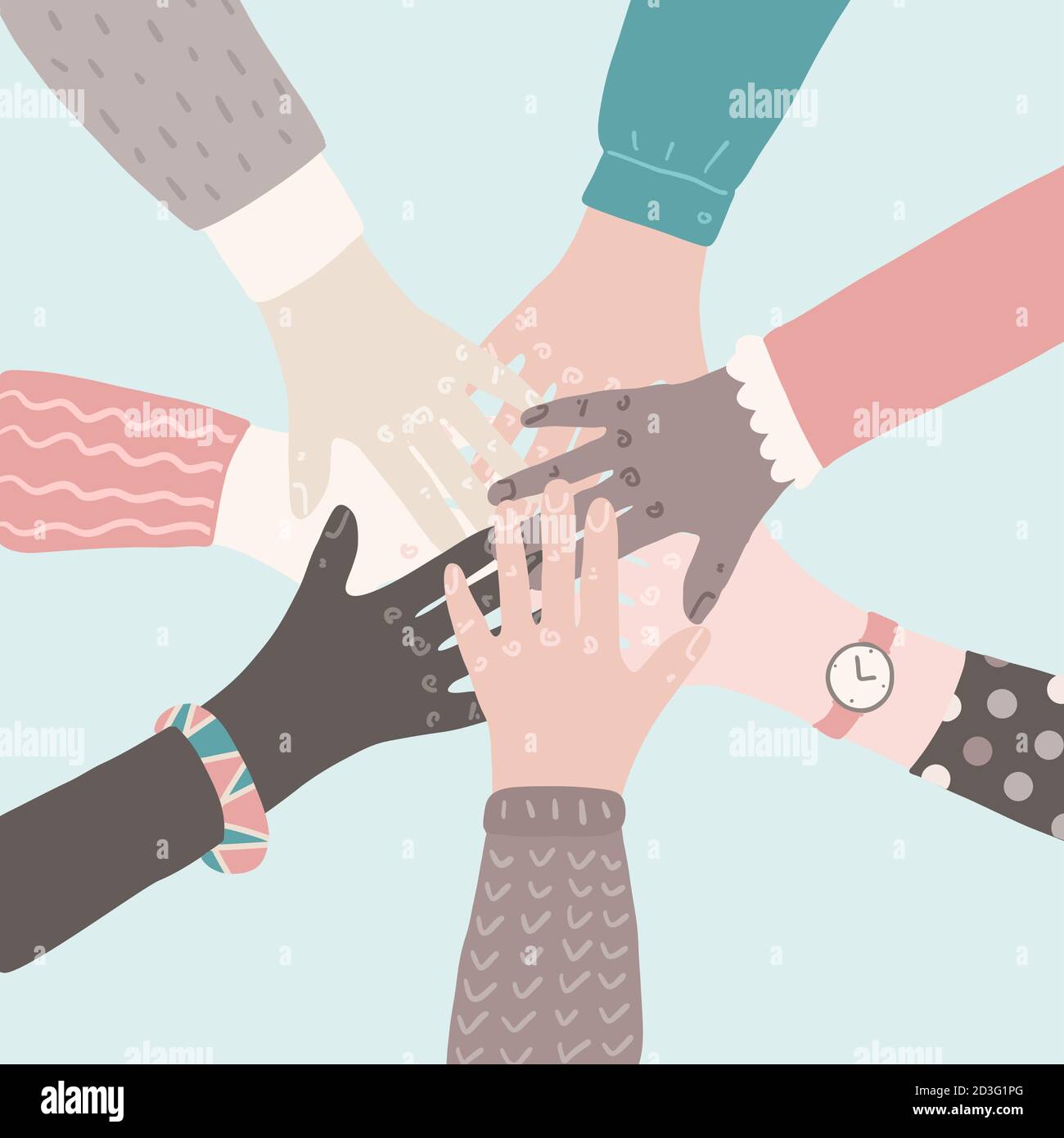 Les gens qui mettent leurs mains ensemble. Le travail d'équipe soutient le concept de vecteur de partenariat. Illustration de dessin animé plat de mouvement social Illustration de Vecteur