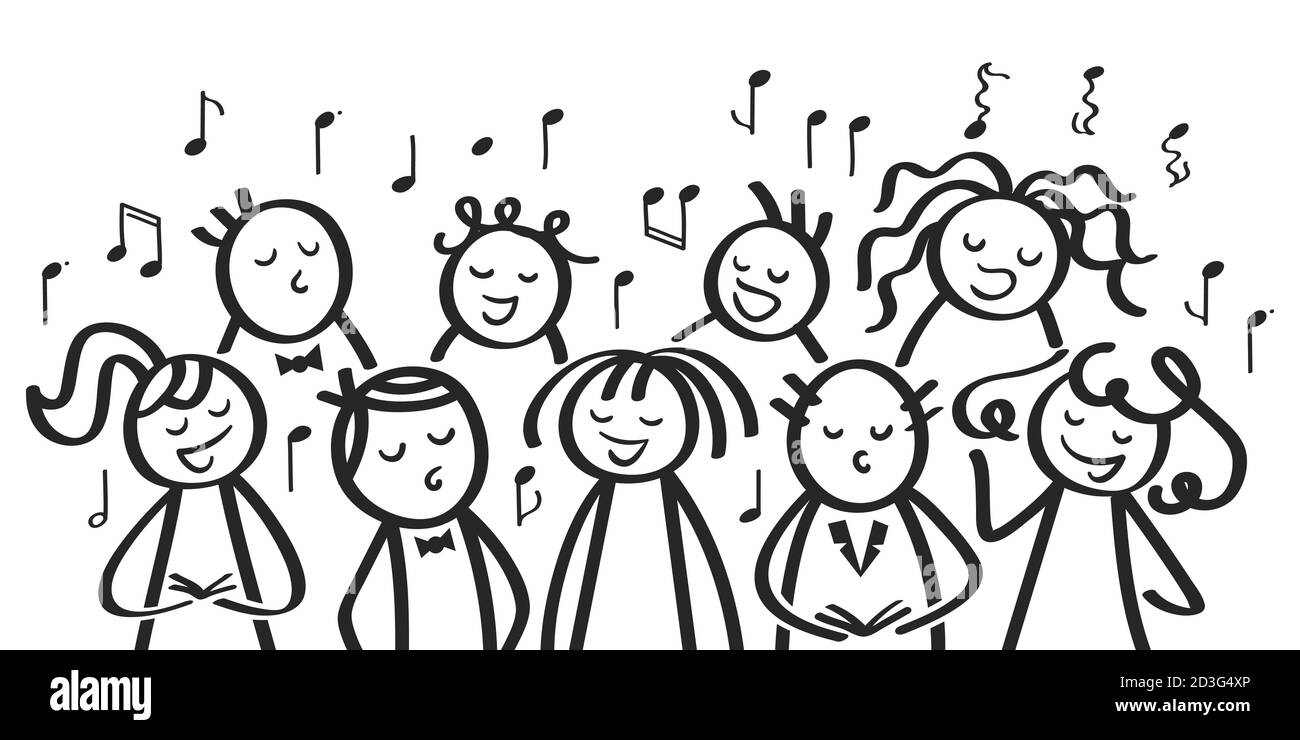 Drôle de chœur de dessins animés, hommes et femmes, chant de pluie d'enfants, gens de bâton noir sur fond blanc Illustration de Vecteur