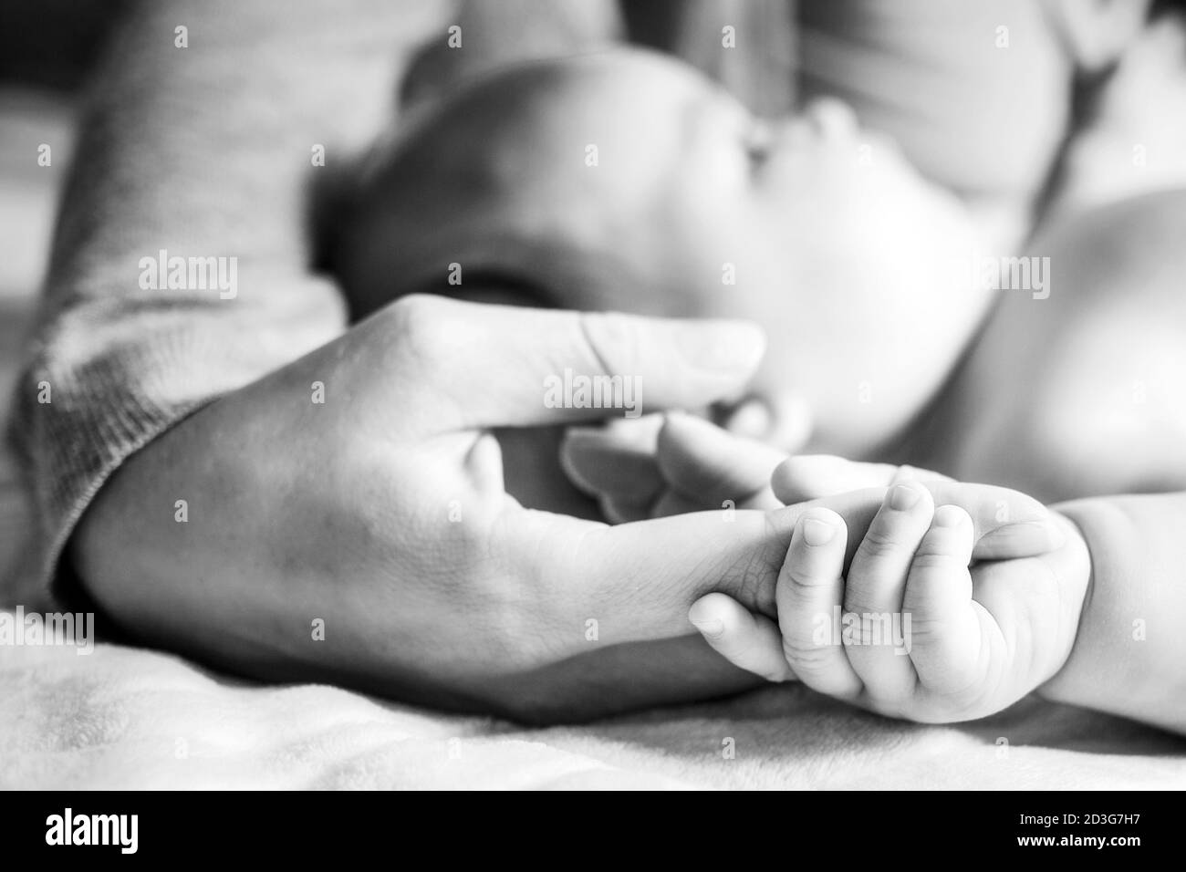 Le Bebe Tient Le Doigt De La Mere Gros Plan Des Mains Photo En Noir Et Blanc Vue Laterale Concept De La Maternite Et De La Journee Des Enfants Photo Stock