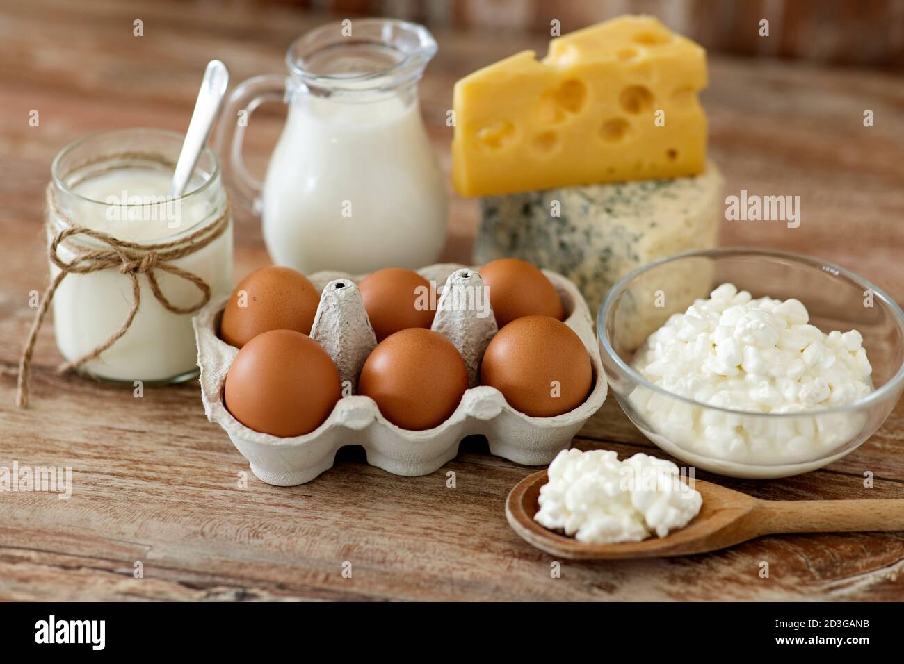 fromage cottage, lait, yaourt et œufs de poulet Banque D'Images