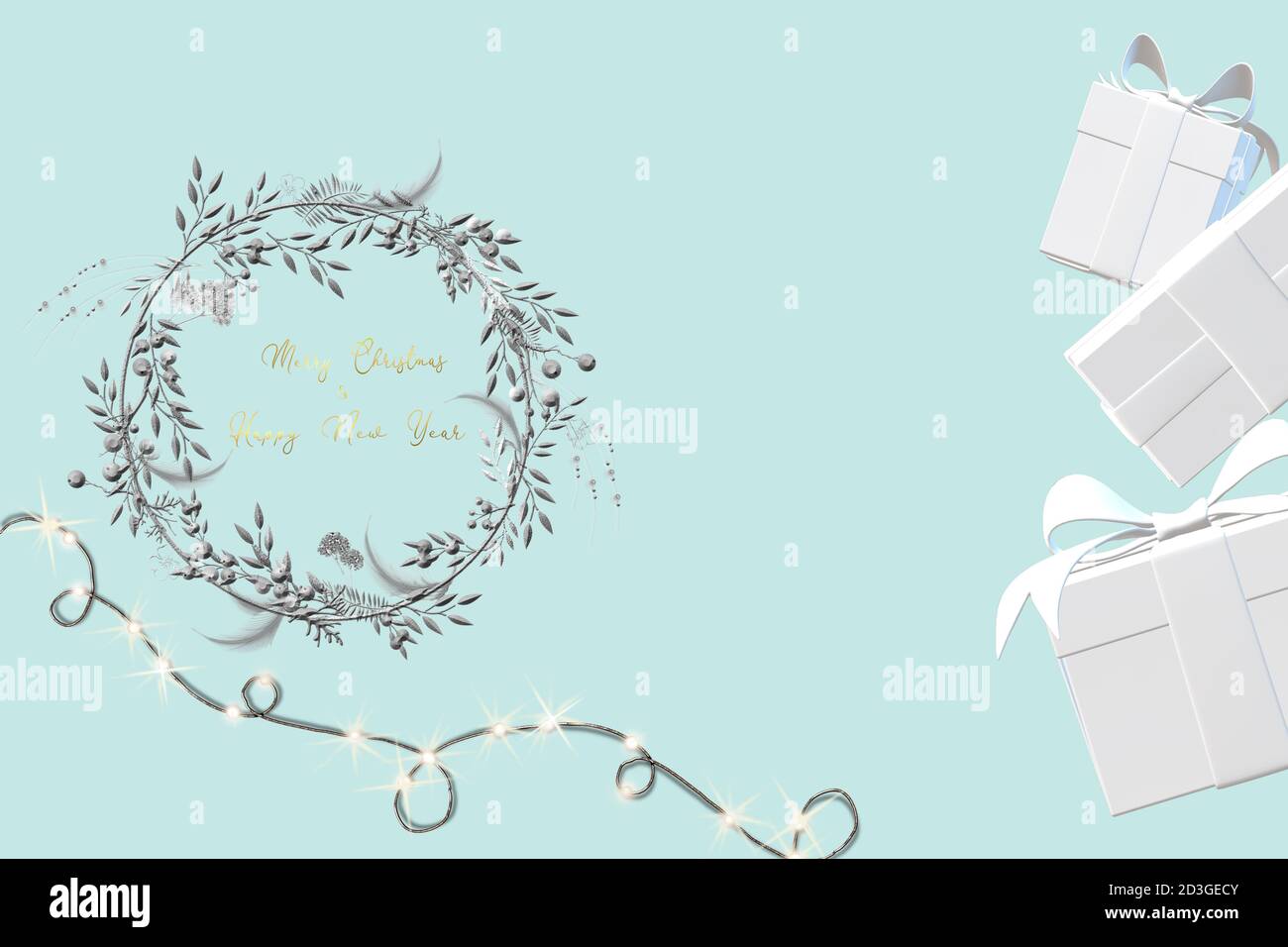 Motif Noël nouvel an avec boîtes cadeau blanches avec noeud, couronne argentée, guirlande lumineuse sur fond bleu de bébé en illustration 3D. Placer pour le texte Banque D'Images