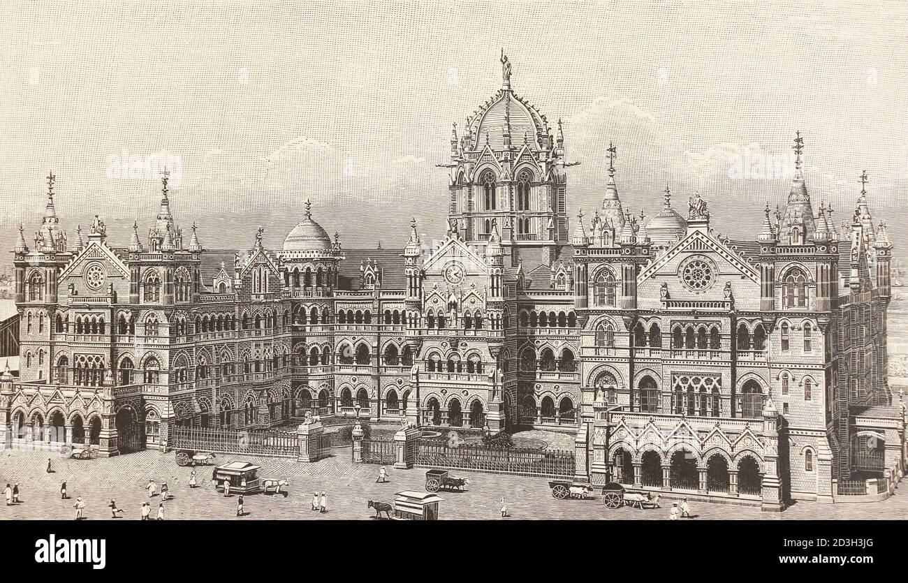 Chhatrapati Shivaji Terminus (Victoria Terminus). gravure du xixe siècle. Banque D'Images