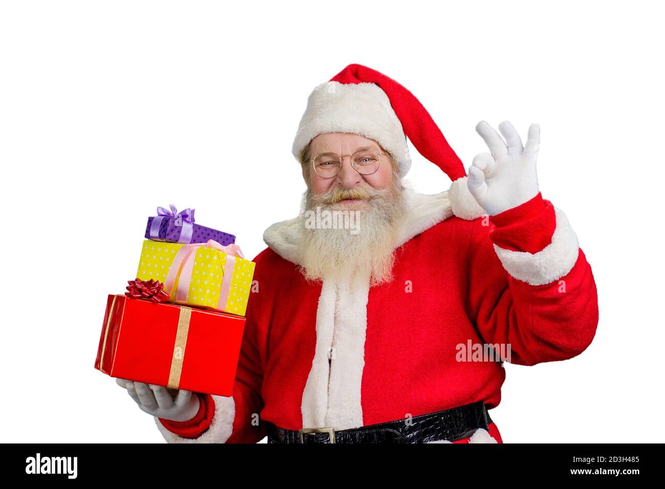 Portrait de Père Noël avec boîtes cadeaux. Banque D'Images
