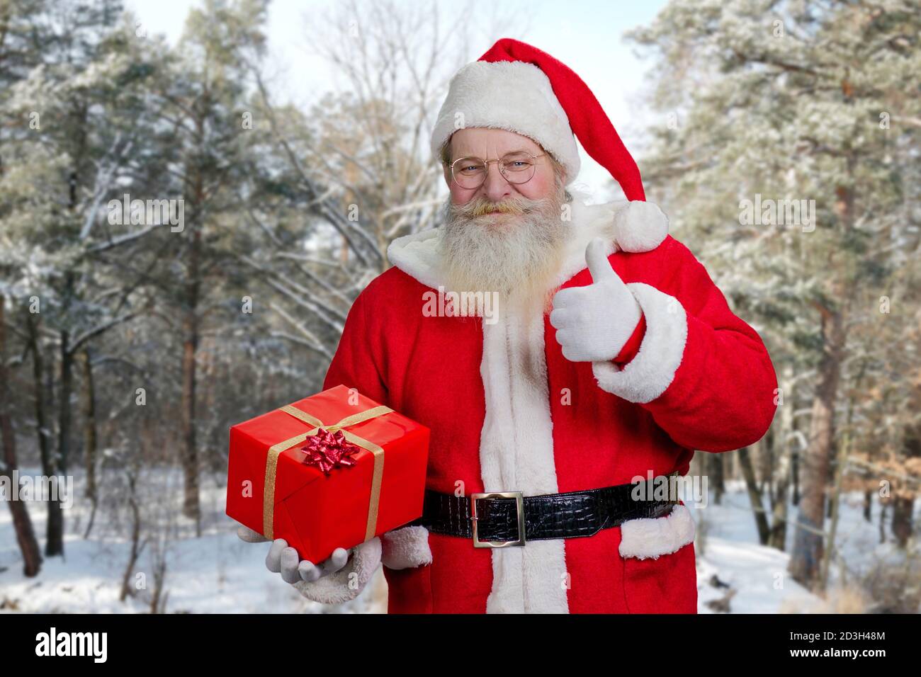 Père Noël avec boîte à cadeaux à l'extérieur. Banque D'Images