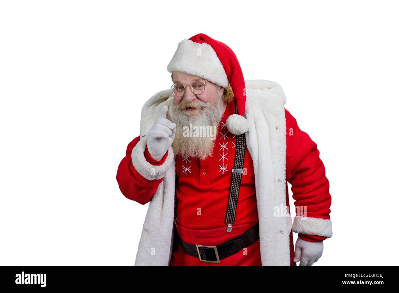 Le Père Noël gestuelle avec l'index. Banque D'Images
