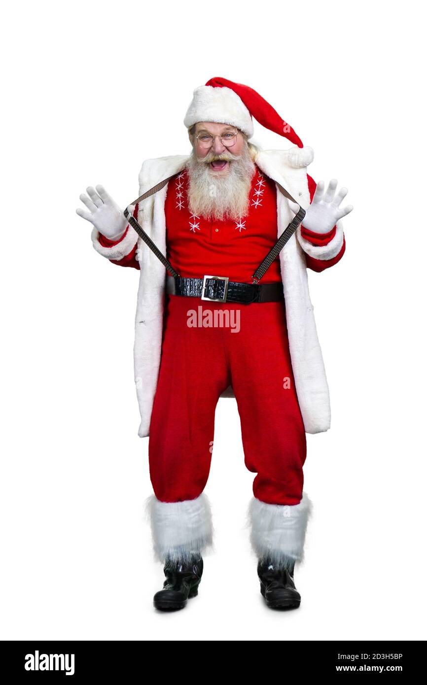 Drôle de Père Noël sur fond blanc. Banque D'Images