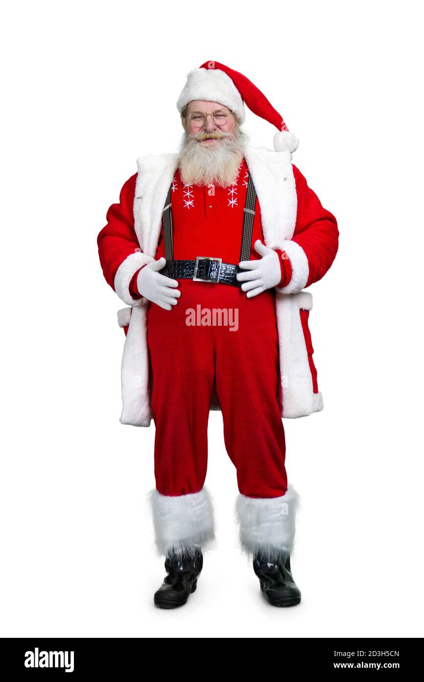Santa Claud réaliste avec les mains sur le ventre. Banque D'Images
