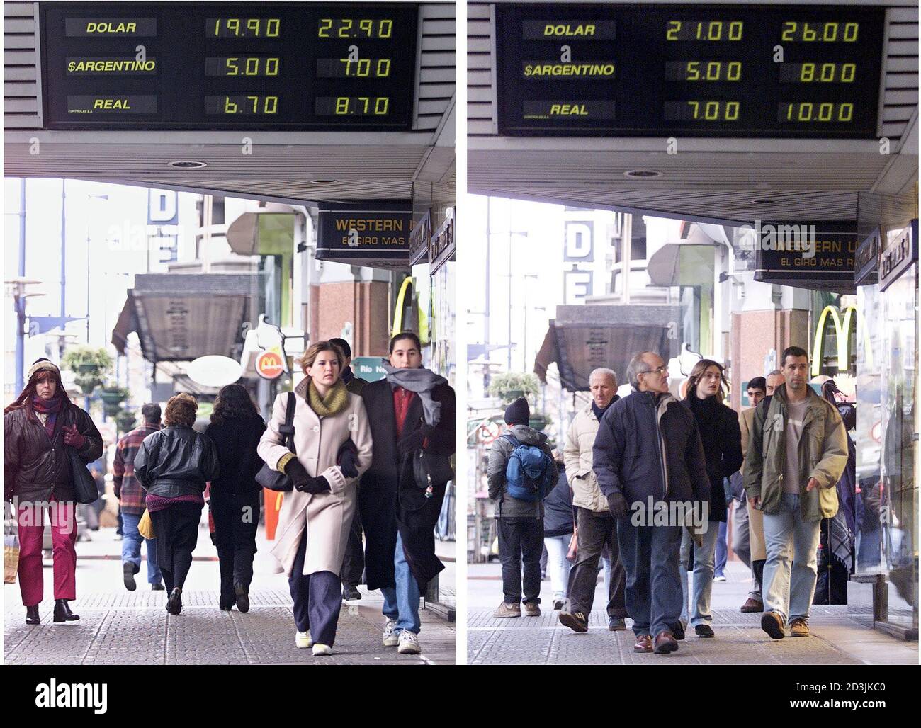 PHOTO COMBINÉE - montrant le taux de change du peso uruguayen contre le  dollar américain (L) dans la matinée du 11 juillet 2002, comme ouverture  des échanges, et à la fin