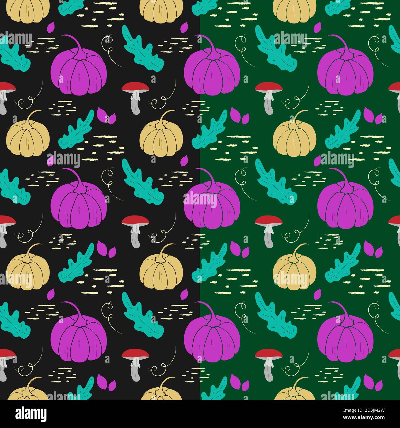 Motif automnal traditionnel sans coutures. Design élégant dessiné à la main de citrouille, de feuilles, de silhouettes aux champignons Illustration de Vecteur
