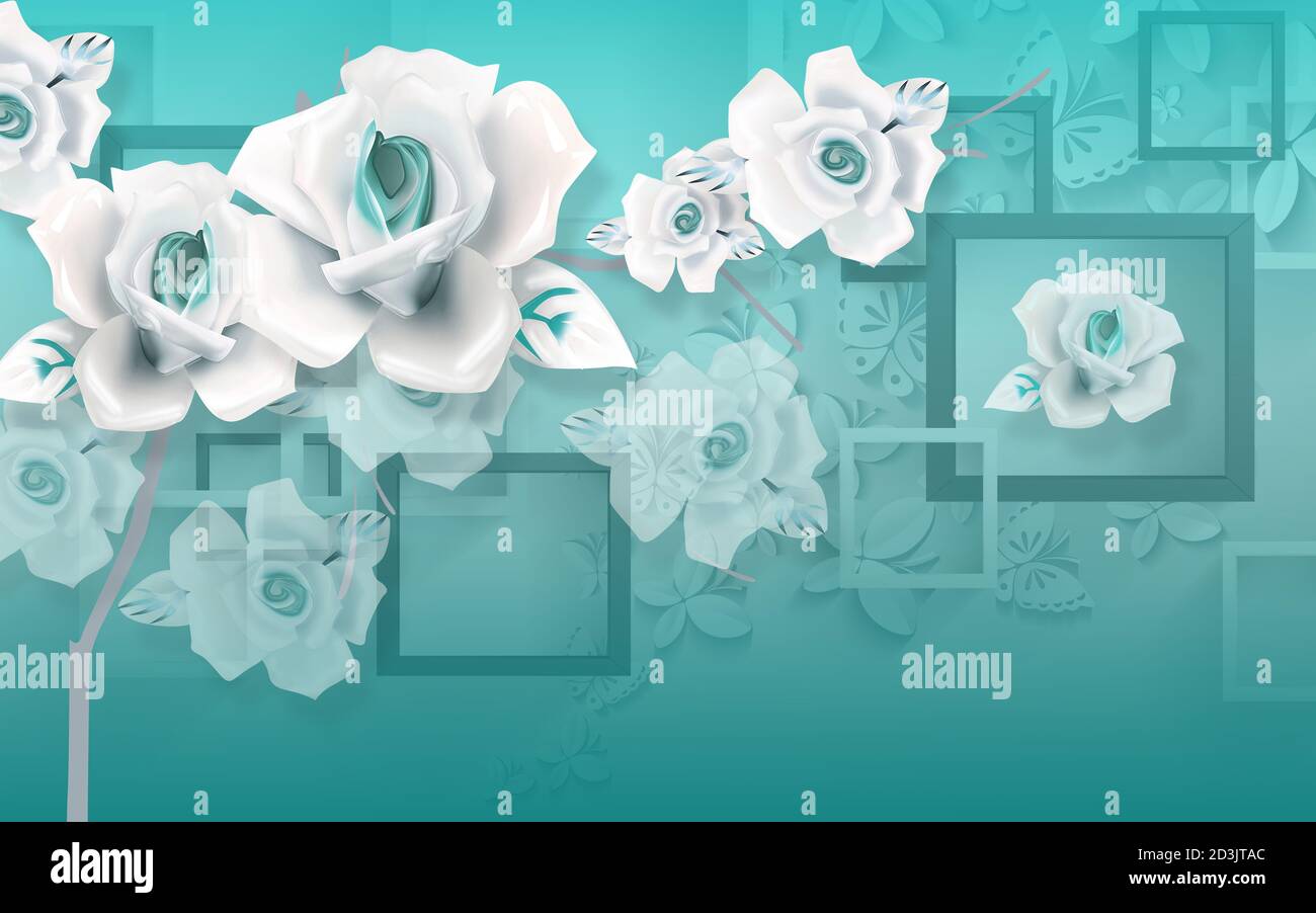 fond d'écran 3d avec fleur la plus blanche et fond bleu turquoise Banque D'Images