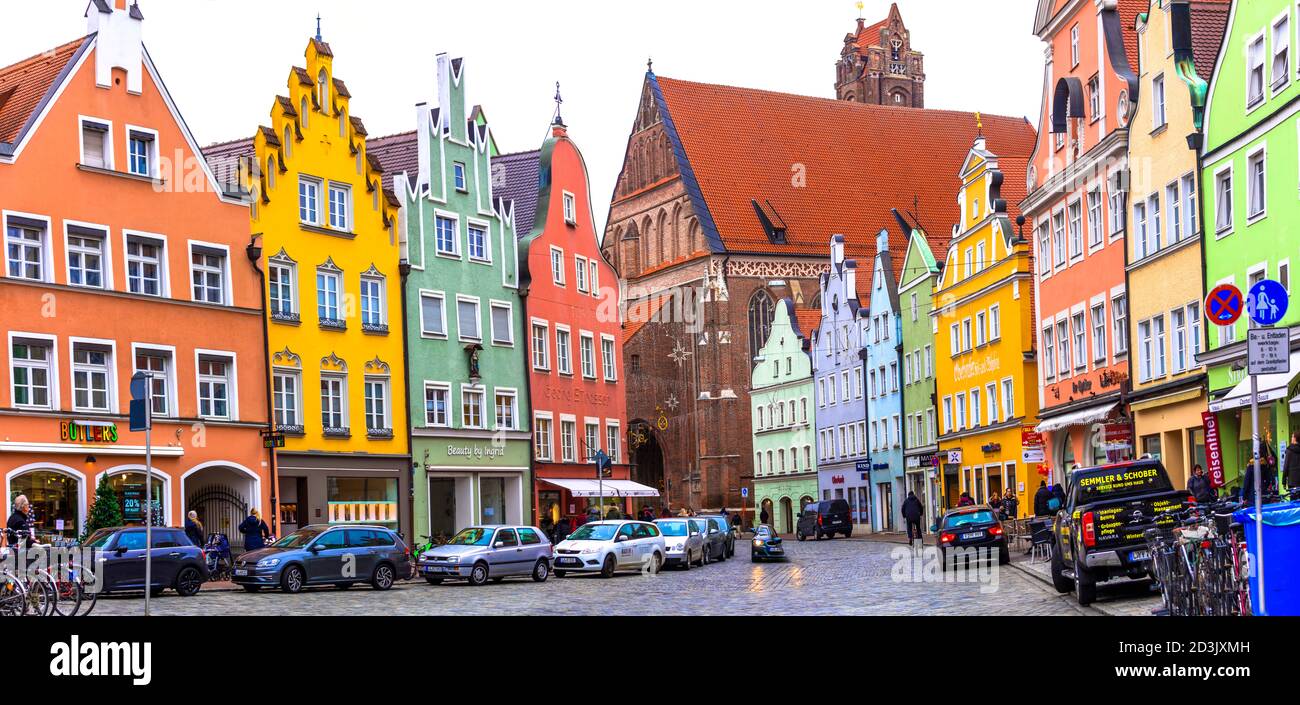 Monuments de l'Allemagne - ville Landshut en Bavière. Architecture traditionnelle avec maisons colorées dans le centre historique. Novembre 2018 Banque D'Images