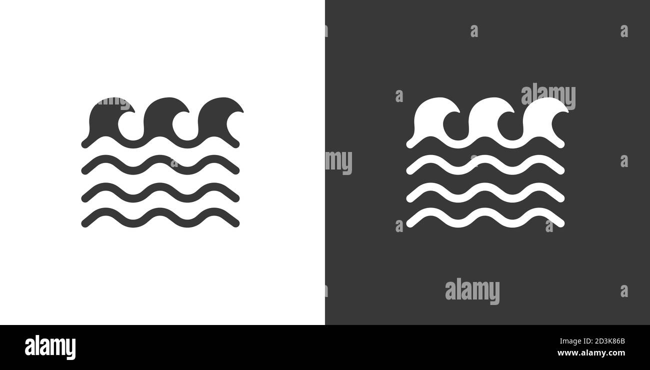 Vagues moyennes sur la mer. Icône isolée sur fond noir et blanc. Illustration du vecteur de glyphe météorologique Illustration de Vecteur