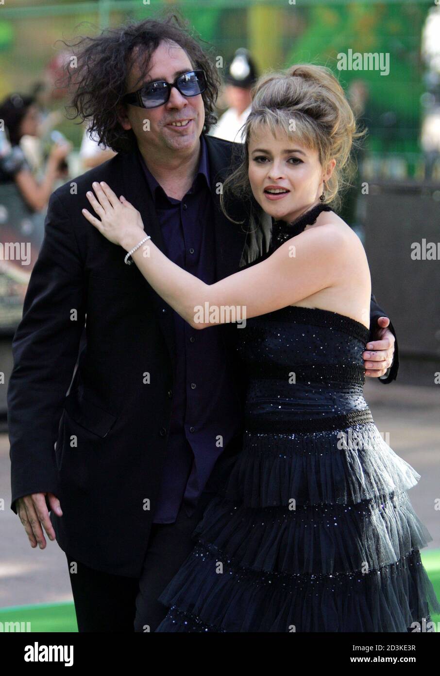 British actress Bonham-Carter and director Burton arrive for the premiere  of "Charlie and the Chocolate Factory" in Leicester Square, London. British  actress Helena Bonham-Carter (R) and director Tim Burton arrive for the