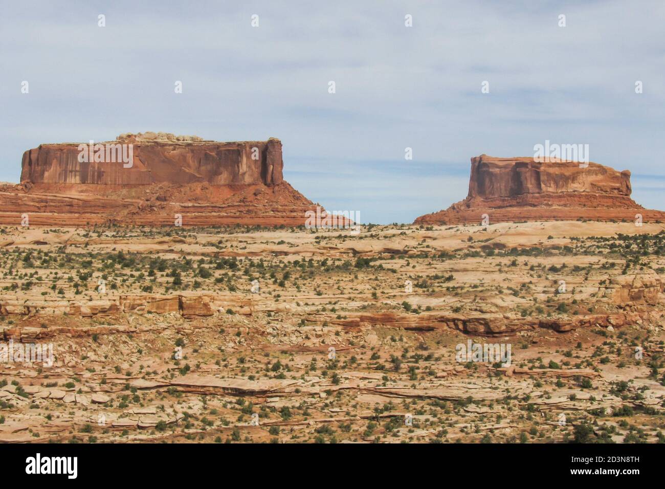 Le Monitor et les Merrimac Buttes à Moab, Utah, États-Unis, avec les dépôts fluviaux anciens de la formation de Morrison au premier plan Banque D'Images