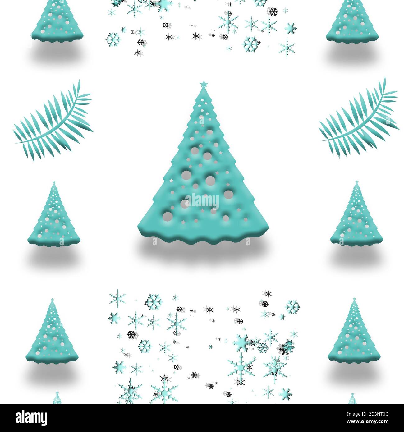 Motif sapin de Noël sans coutures. Motif sans couture avec boîtes cadeau bleu turquoise, flocons de neige en rendu 3D. Boîte-cadeau avec emballage imprimé Banque D'Images