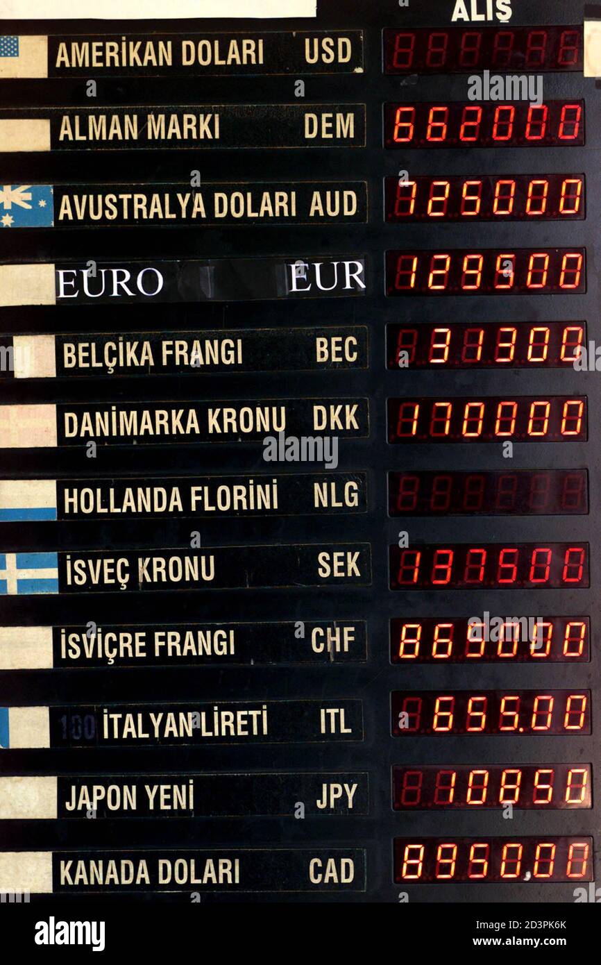 Un nouvel appel d'offres en euros équivaut à 1,295,000 000 lira turques qui  entrevoit amonst les autres devises d'un office de change d'Istanbul lors  du premier jour officiel de négociation du nouvel