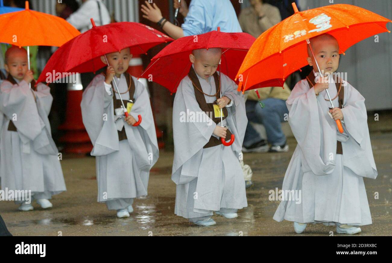 Les moines bouddhistes sud-coréens novices tiennent des parapluies après  une cérémonie pour entrer dans le temple pour vivre comme des moines  novices pendant une période de 30 jours au temple de Chogye