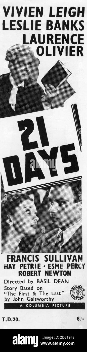 VIVIEN LEIGH LAURENCE OLIVIER ET LESLIE BANKS EN 21 JOURS ALIAS VINGT ET UN JOURS  ENSEMBLE ALIAS LE PREMIER ET LE LES 1937 DERNIERS sorti 1940 réalisateur  BASIL DEAN roman JOHN GALSWORTHY