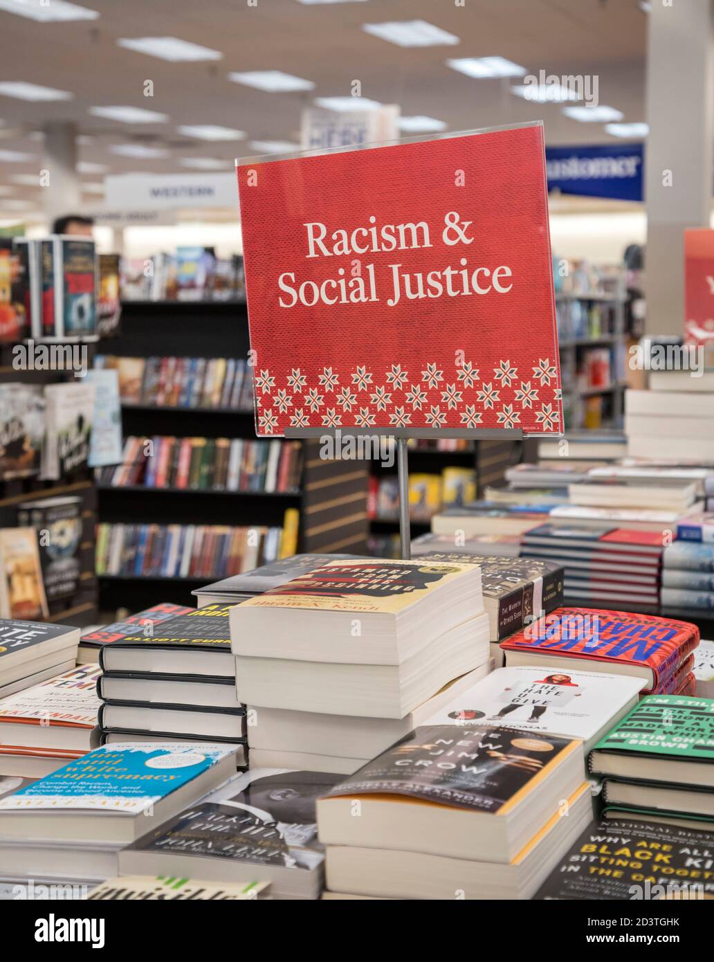 Racisme et justice sociale signe désignant les livres actuels sur le sujet dans une librairie dans le centre-nord de la Floride. Banque D'Images