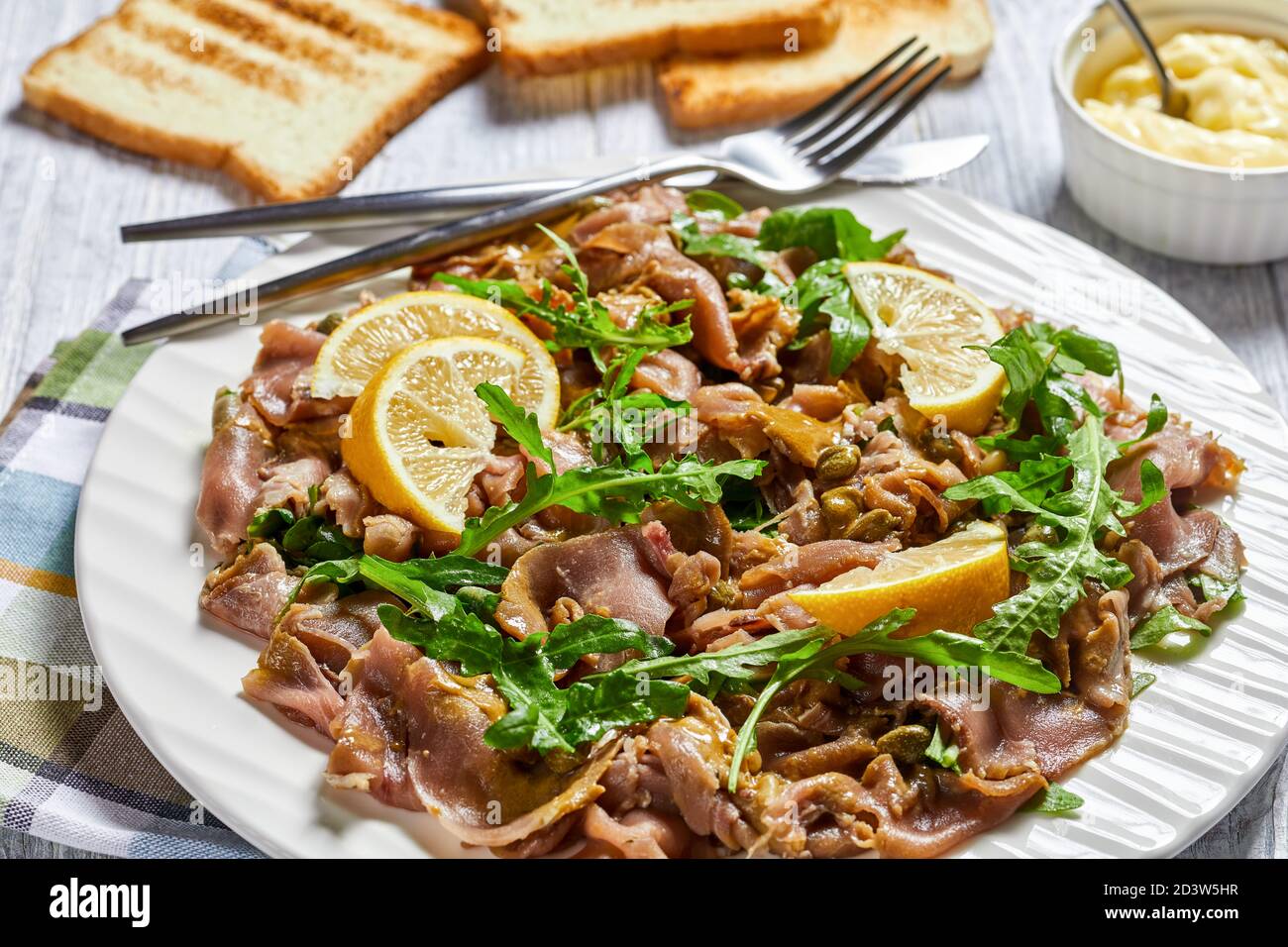 salade de thon finement tranché avec câpres, roquette, pignons et vinaigrette à la moutarde sur une assiette blanche sur une table en bois avec toasts grillés, vue horizontale f Banque D'Images