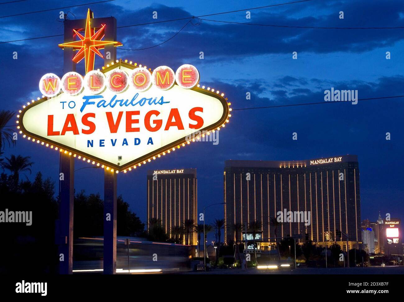 File photo shows the Mandalay Bay Resort and Casino, from behind the famous  sign on the south end of the Strip in Las Vegas, Nevada on June 15, 2004.  As Britain's parliament