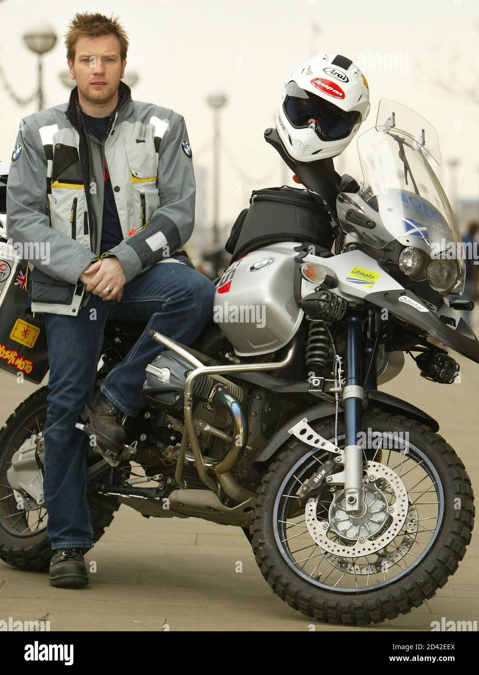 British actor Ewan McGregor launches his 20,000 mile London to New York  motorcycle journey in London, April 13, 2004. McGregor and fellow actor  Charley Boorman, who start their journey later this month,