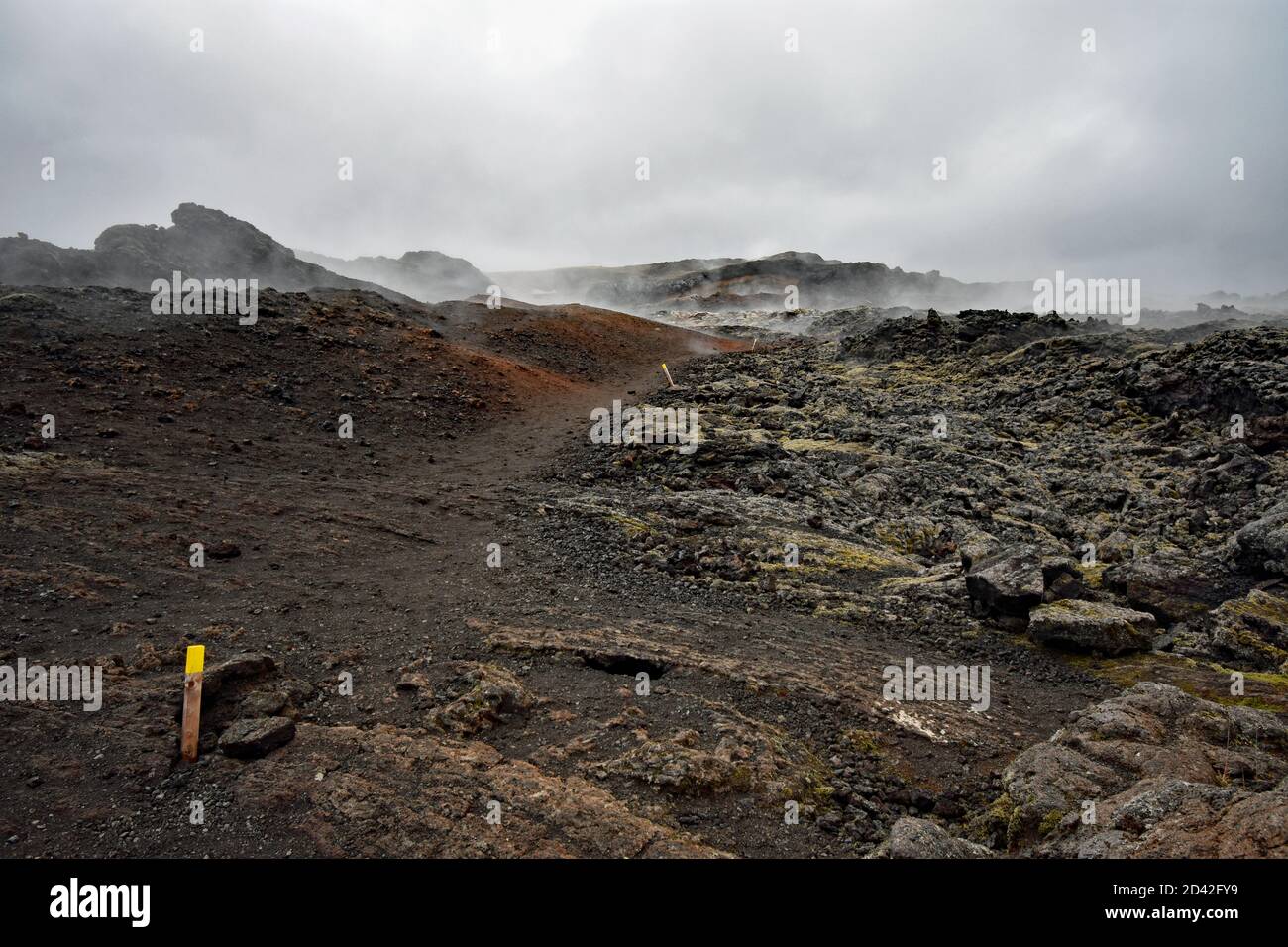 La vapeur s'élève dans les champs de Krafla Lava, dans la région du lac Myvatn, dans le nord de l'Islande. Un poteau jaune marque le chemin à travers la roche volcanique. Banque D'Images