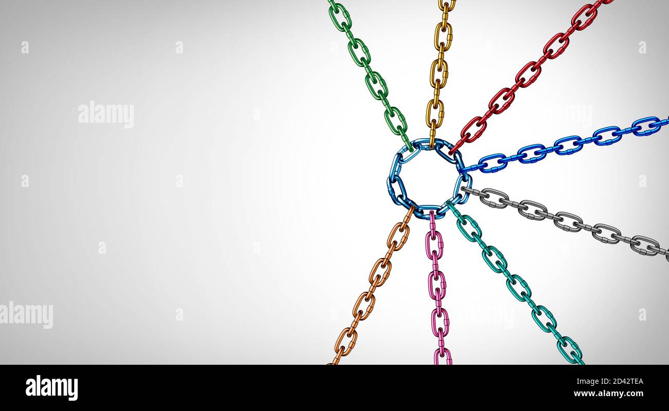 Le concept d'unité d'entreprise et la solidarité comme symbole du travail d'équipe avec un groupe d'illustrations 3D diverses chaînes représentant la diversité liée ensemble. Banque D'Images