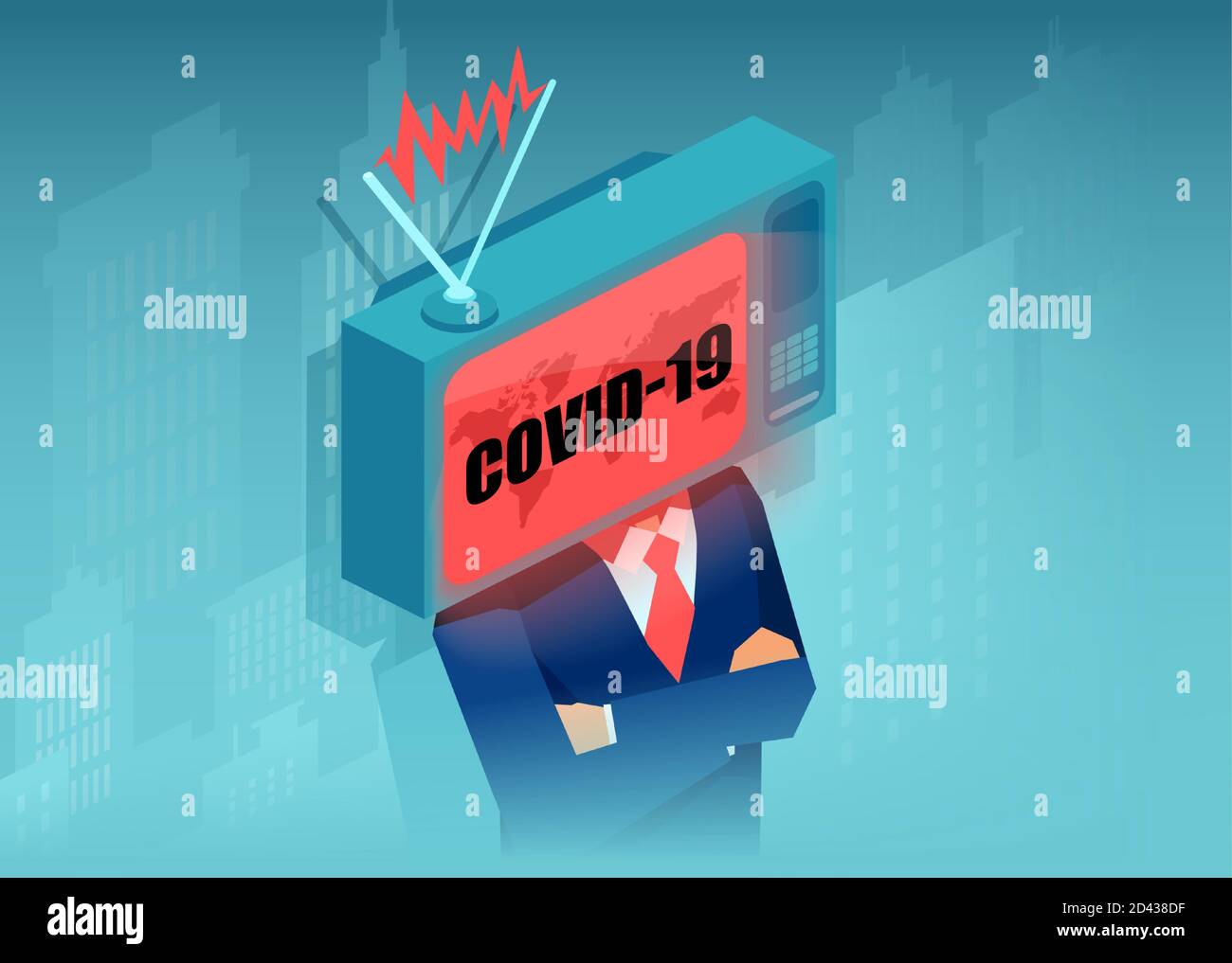 Vecteur d'un homme d'affaires avec un téléviseur au lieu de Une tête à regarder non stop coronavirus nouvelles Illustration de Vecteur