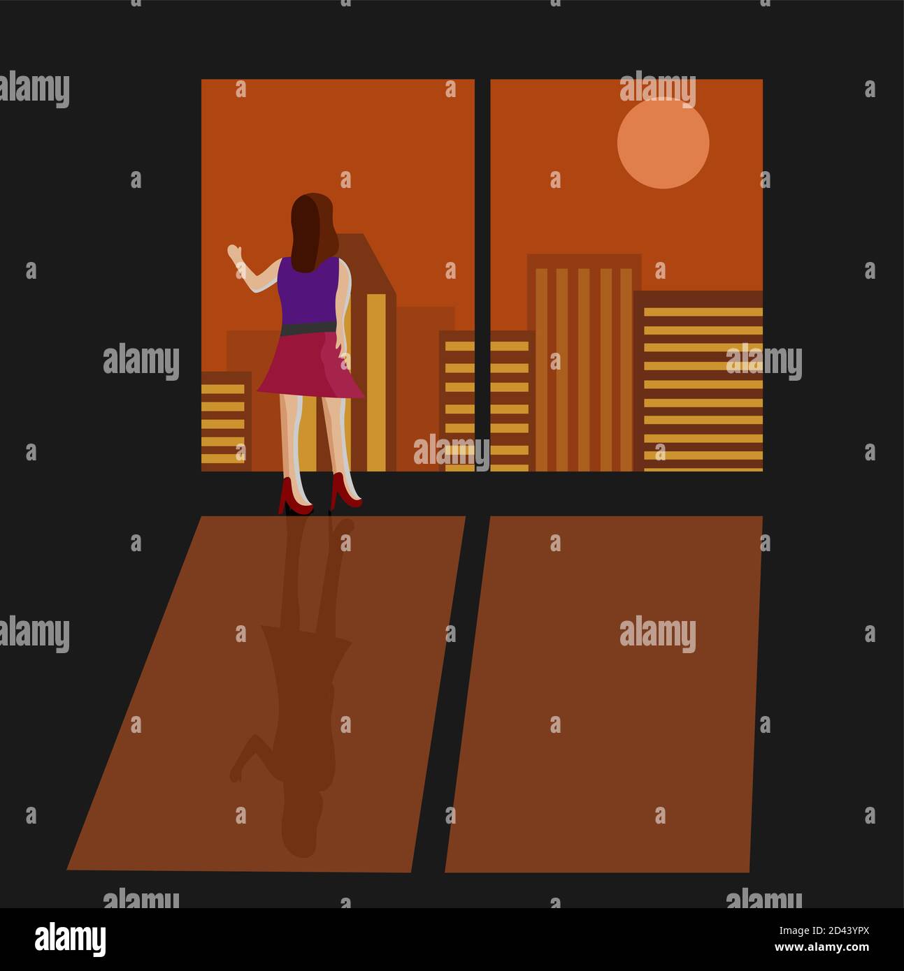 Illustration dessin vectoriel d'une femme est debout devant la fenêtre et regarde le crépuscule. Illustration de Vecteur