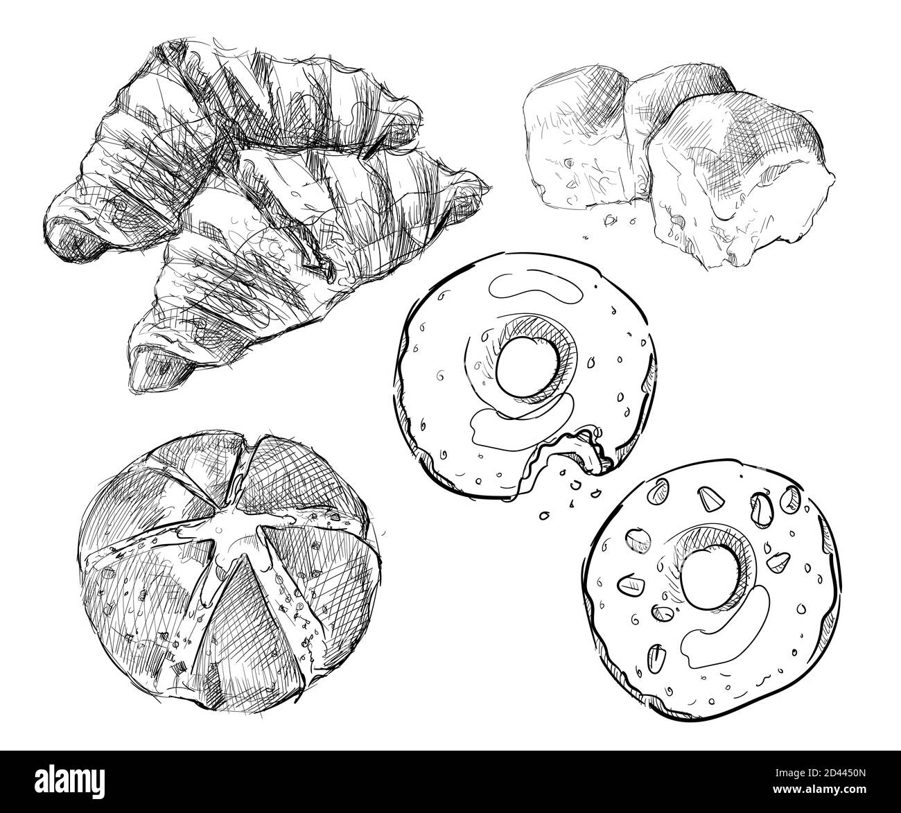 Pain à l'ail coréen beignets croissant pâte feuilletée tirée à la main esquisse un arrière-plan blanc isolé avec une illustration de conception vectorielle Banque D'Images