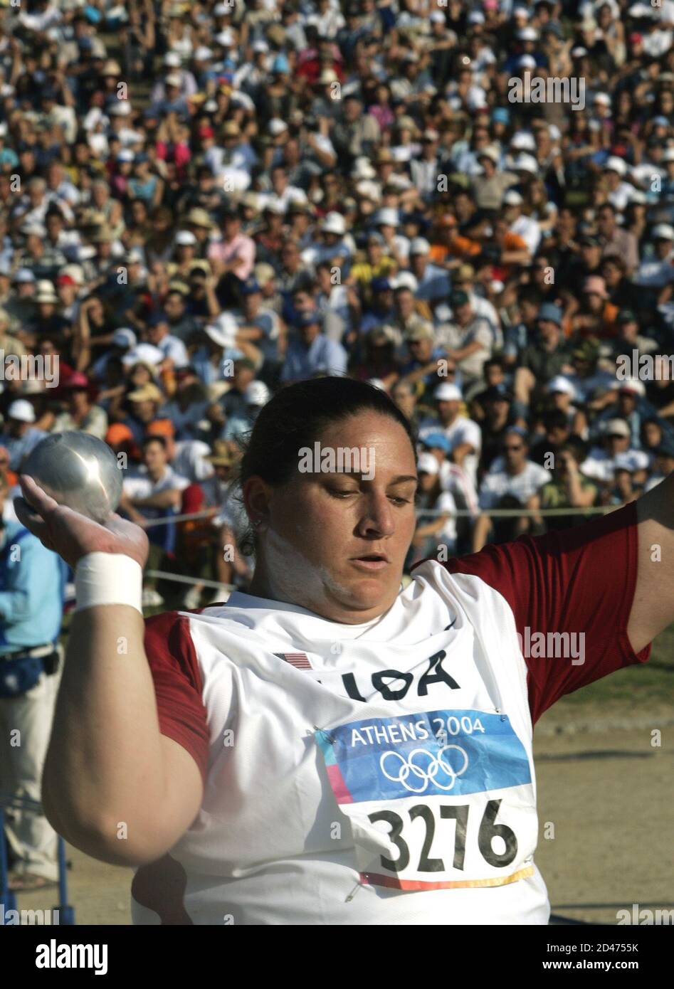 Kristin Heaston of the US competes in shot put at the ancient Olympic  stadium in the Athens 2004 olympic Games. Kristin Heaston of the US  competes in shot put at the ancient