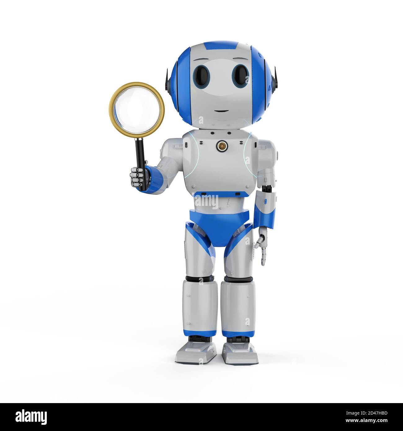mini robot de rendu 3d avec loupe sur blanc Banque D'Images