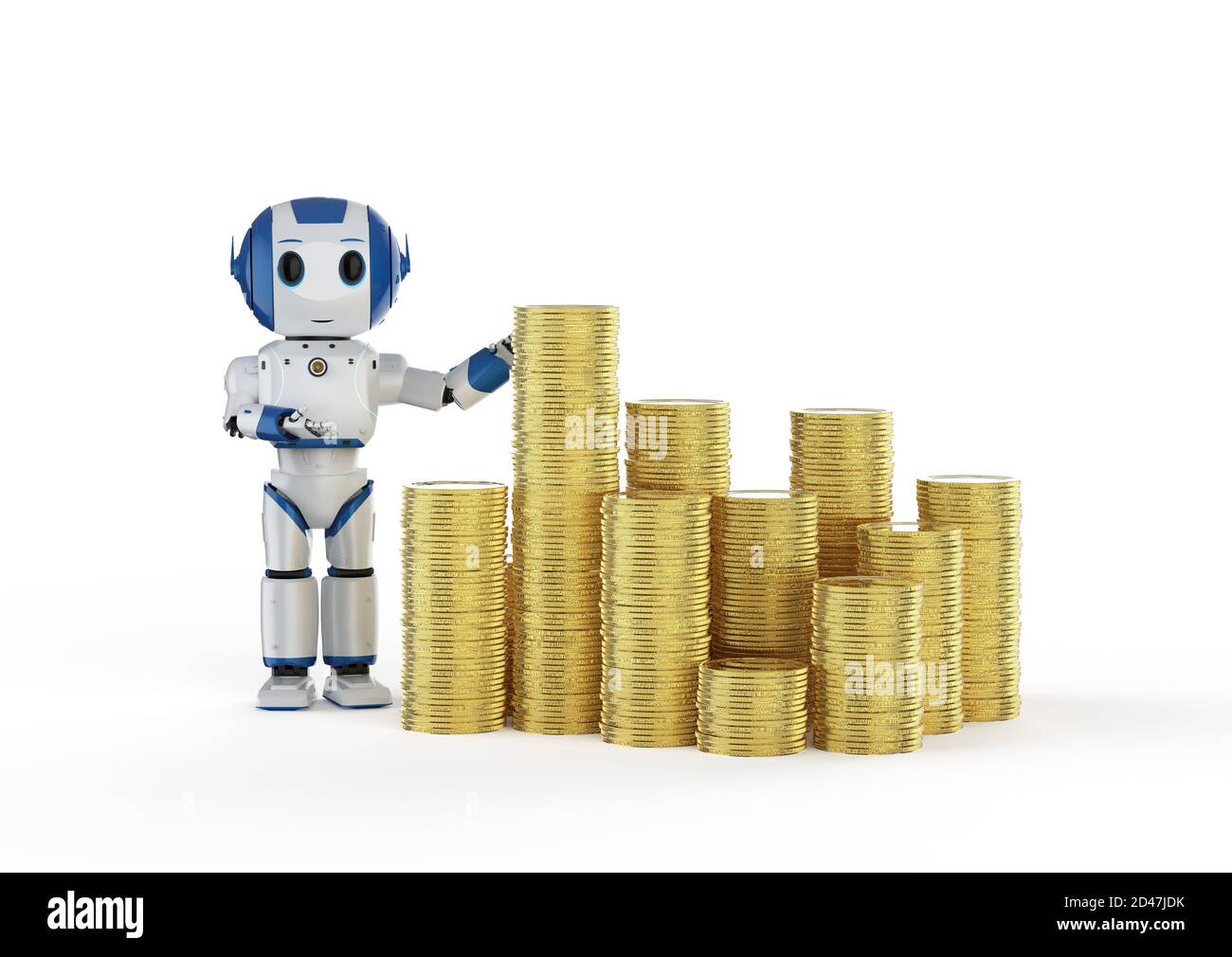 Technologie concept financier avec rendu 3D mini robot avec pile de pièces d'or Banque D'Images
