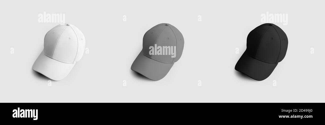 Modèle de casquette de baseball sportif, blanc, gris, chapeau noir avec  visière, pour la conception et la présentation de motifs, pour la publicité  en ligne de magasin. Mocku Panama vierge Photo Stock -