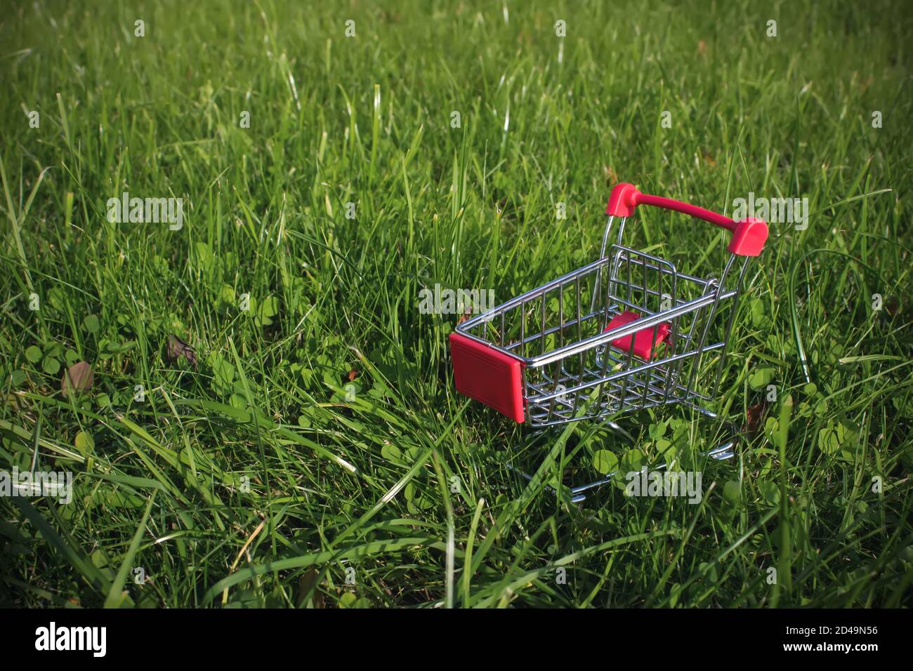 Mini chariot sur fond d'herbe verte. Espace de copie, achat, vente et marketing Banque D'Images