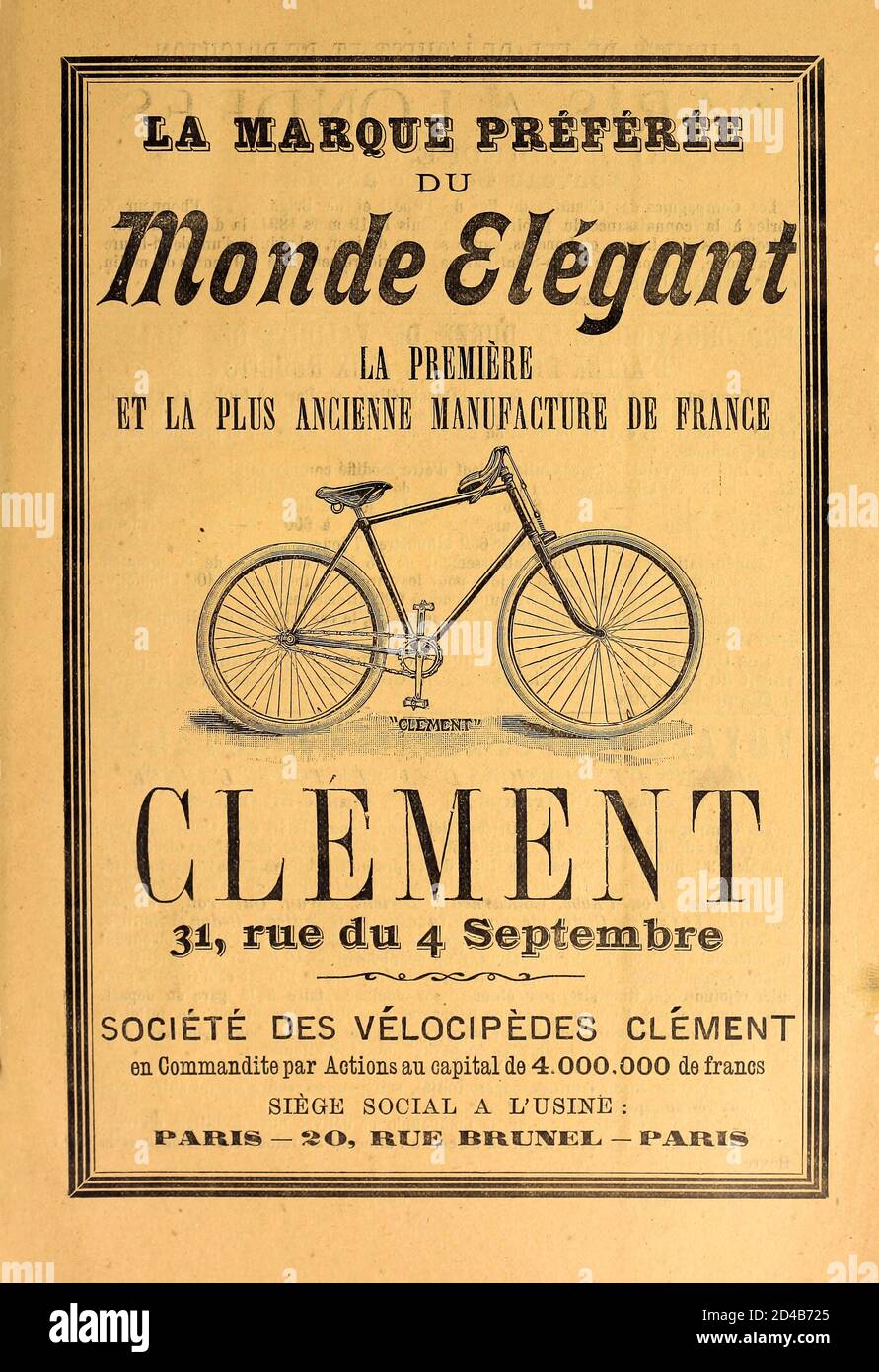 Publicité imprimée pour Clément Bicycles à Paris, français 1894 Banque D'Images