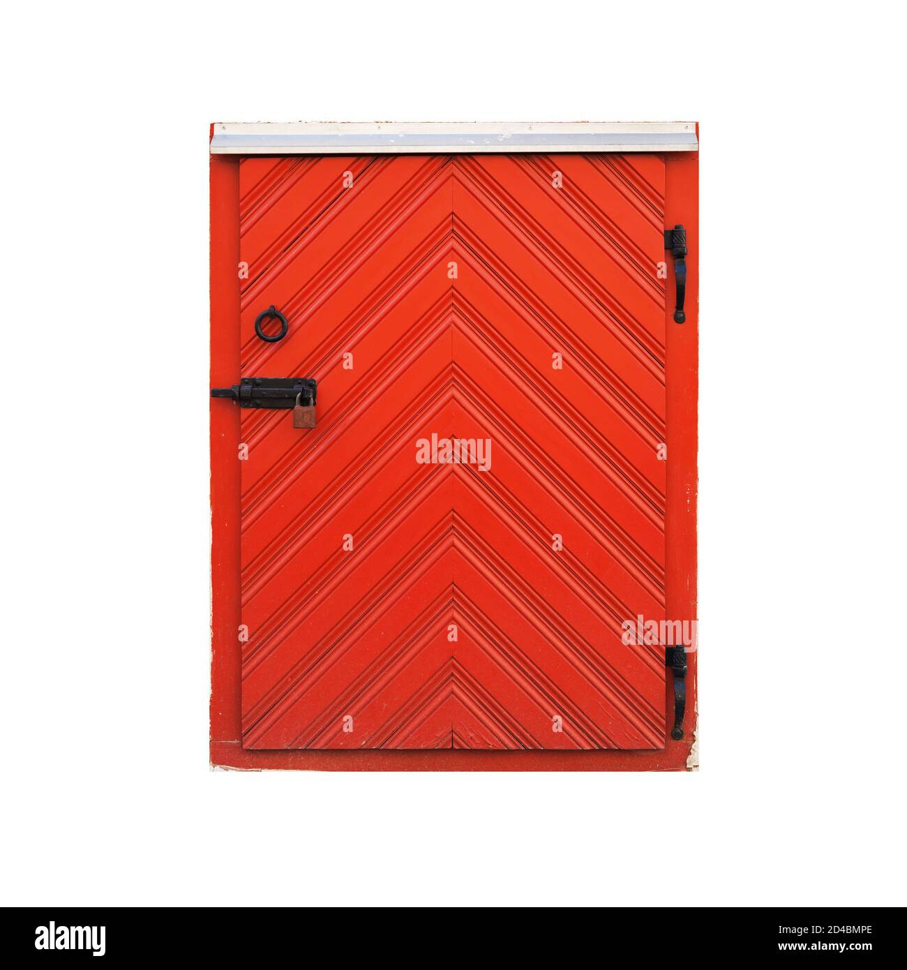 Ancienne porte en bois rouge avec serrure isolée sur fond blanc Banque D'Images
