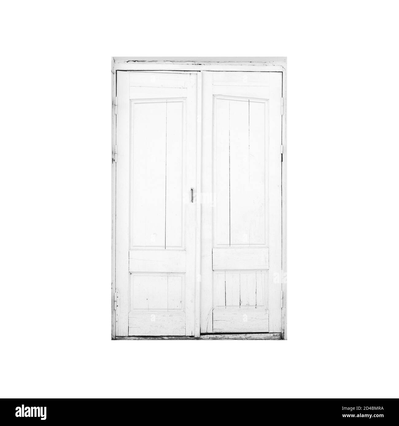 Ancienne porte en bois blanc isolée sur fond blanc Banque D'Images