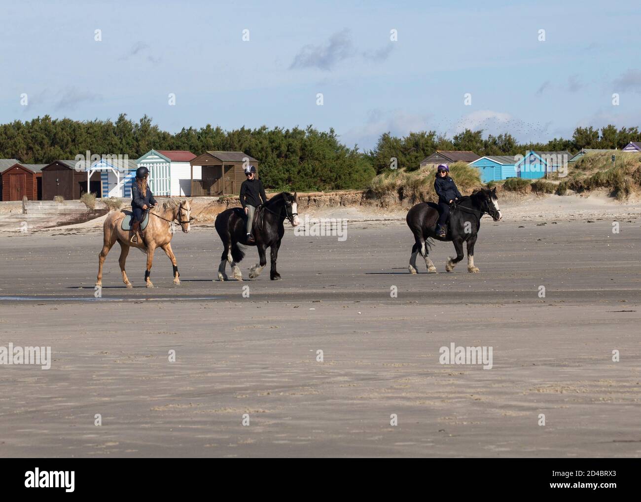 Les cavaliers exercent leurs chevaux sur la plage de West Wittering Sur la côte ouest du Sussex Royaume-Uni Banque D'Images