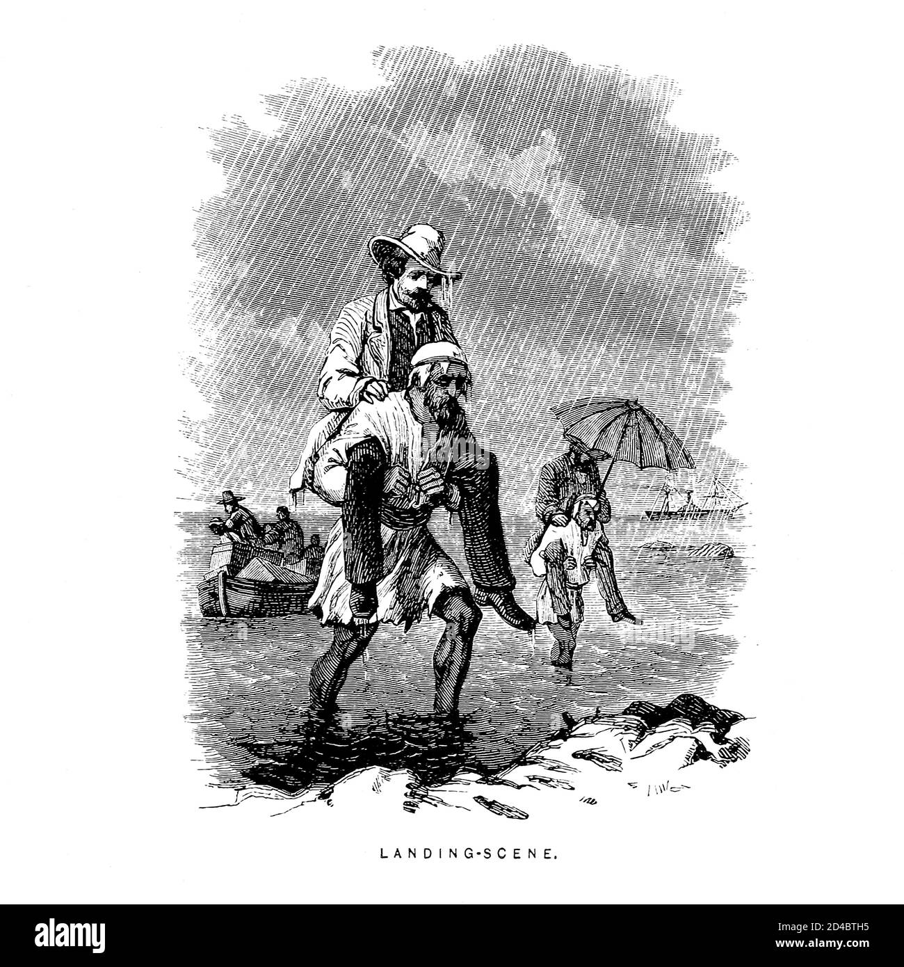 Scène d'atterrissage [les touristes sont transportés à terre sur le dos des porteurs locaux] gravures de bois du livre "Palestine, passé et présent" avec des avis bibliques, littéraires et scientifiques du Rév. Osborn, H. S. (Henry Stafford), 1823-1894 publié à Philadelphie, par J. Challen & son; en 1859 Banque D'Images