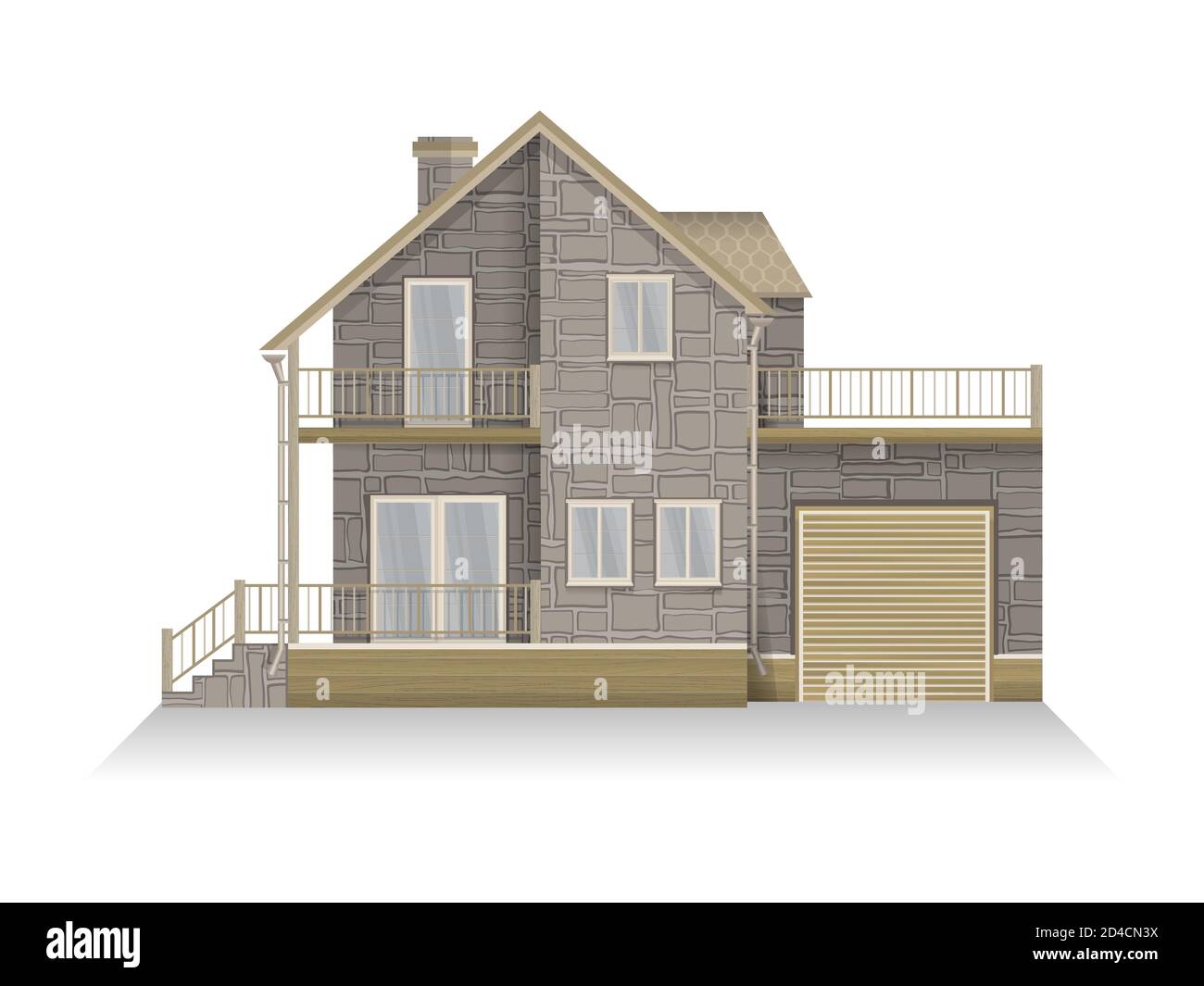 Illustration vectorielle de la maison familiale suburbaine détaillée avec mansarde et garage. Maison en pierre. Isolé sur fond blanc. Illustration de Vecteur
