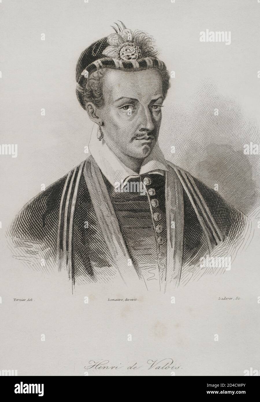 Henri III de France (1551-1589). Roi de France (1574-1589), roi de Pologne et grand-duc de Lituanie (1573-1575). Maison Valois-Angoulême. Portrait. Gravure par Lemaitre, Vernier et Laderer. Histoire de la Pologne, par Charles Foster. Panorama universel, 1840. Banque D'Images