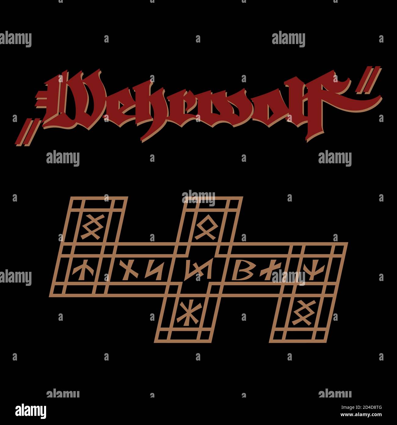 Symboles Runic dans le style scandinave ancien. Crochet de loup signe et inscription en allemand Wehrwolf - loup-garou en anglais Illustration de Vecteur