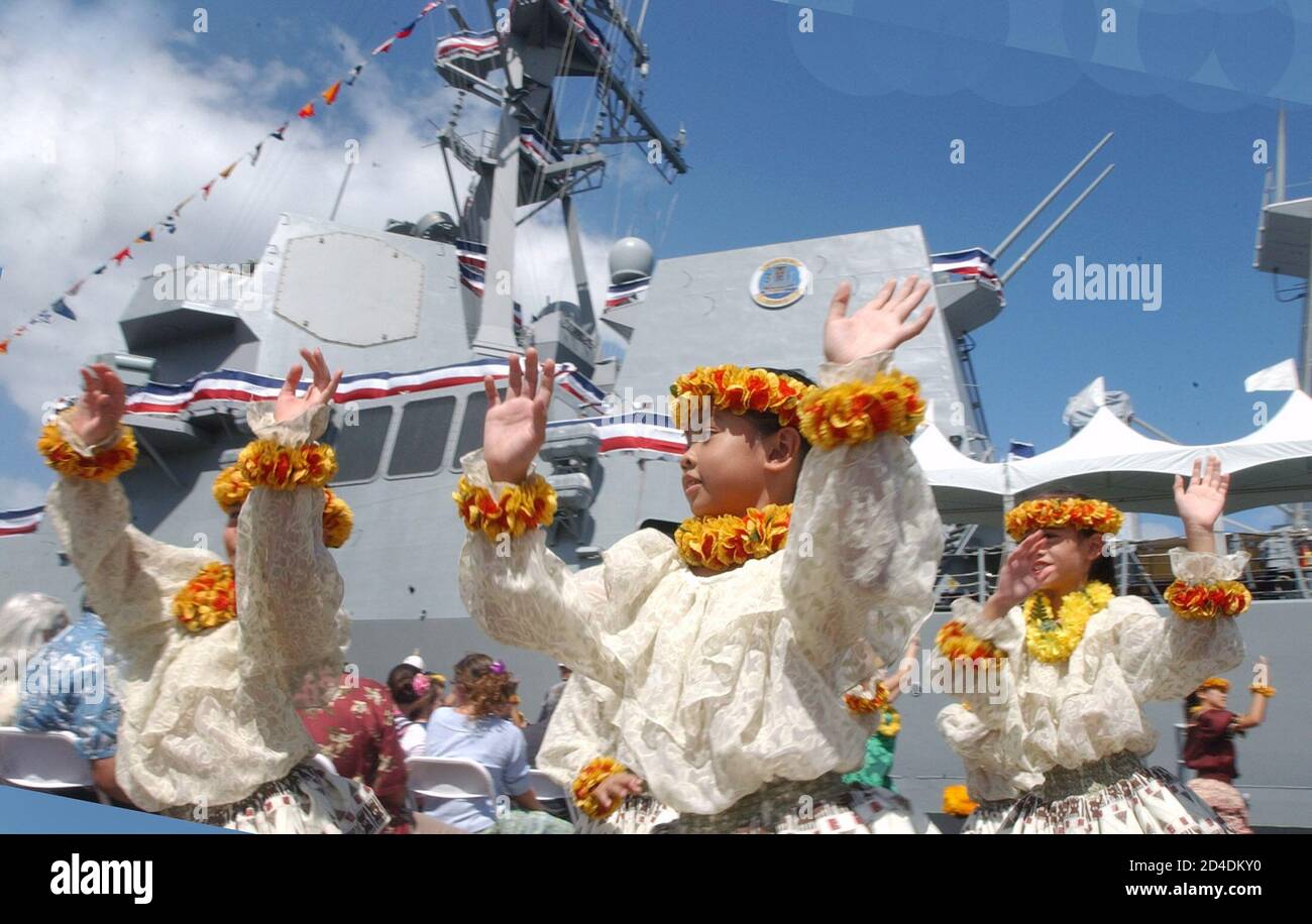 The Uss Chung Hoon Sits Ready To Be Placed In Active Service While Members Of Halau Hula Olana Ai Dance During Its Commissioning Ceremony On Ford Island At Pearl Harbor Hawaii September 18 The Uss Chung Hoon Sits Ready To Be Placed In Active Service While Members Of Halau Hula Olana Ai Dance During Its Commissioning Ceremony On Ford Island At Pearl Harbor Hawaii September 18